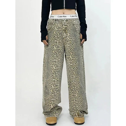 American Retro High Street Overalls Leopard Print Loose Wide Leg Pants for Y2k Hiphop Cargo Grunge Baggy Trousers
