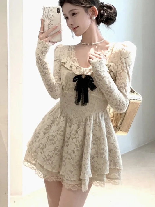 Korean Sweet Lace Dress for Bow Long Sleeves Birthday Party Mini Dresses Spring Female Aline Short Vestidos Mujer