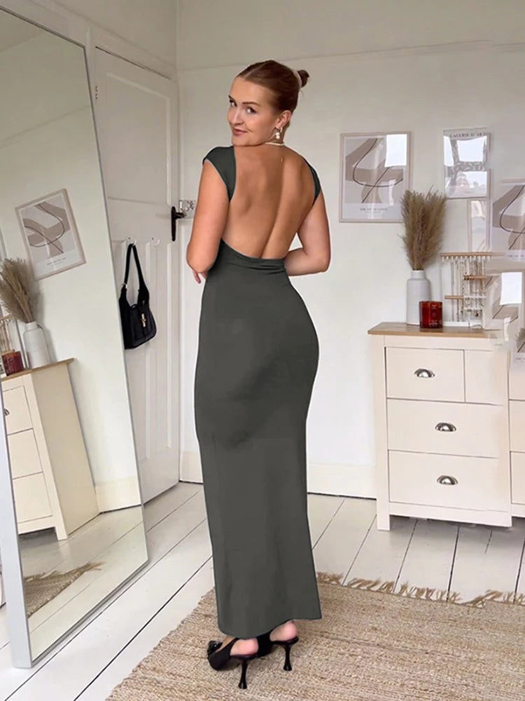 Short Sleeve Backless Maxi Dress