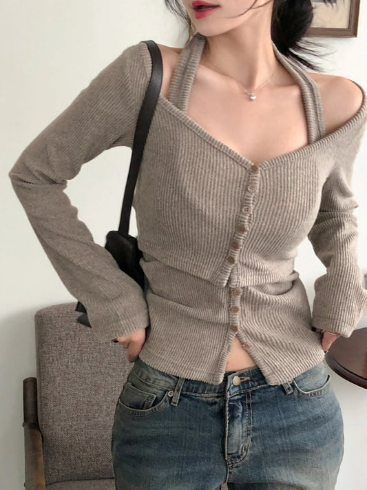 2 Piece Set ��s Halter Top Tee Long Sleeves Korean Style Office Lady Simple All-match Blouses