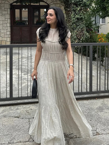 Pleated Long Dresses Backless O-neck Short Sleeve Dresses Female Summer Spring Party Beach Holiday