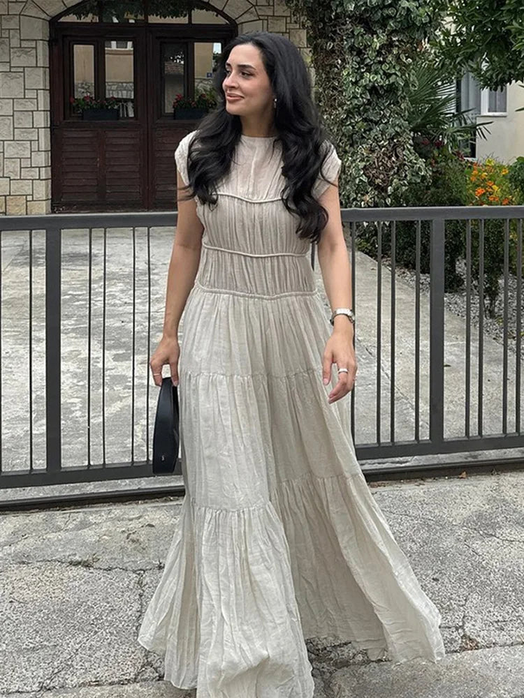 Pleated Long Dresses Backless O-neck Short Sleeve Dresses Female Summer Spring Party Beach Holiday