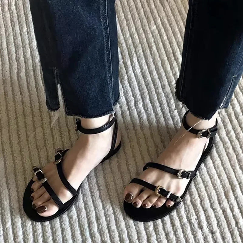Multi Metal Buckle Design Flat Sandals Summer Open Toe Anklewrap Beach Roman Sandals Dress Shoes