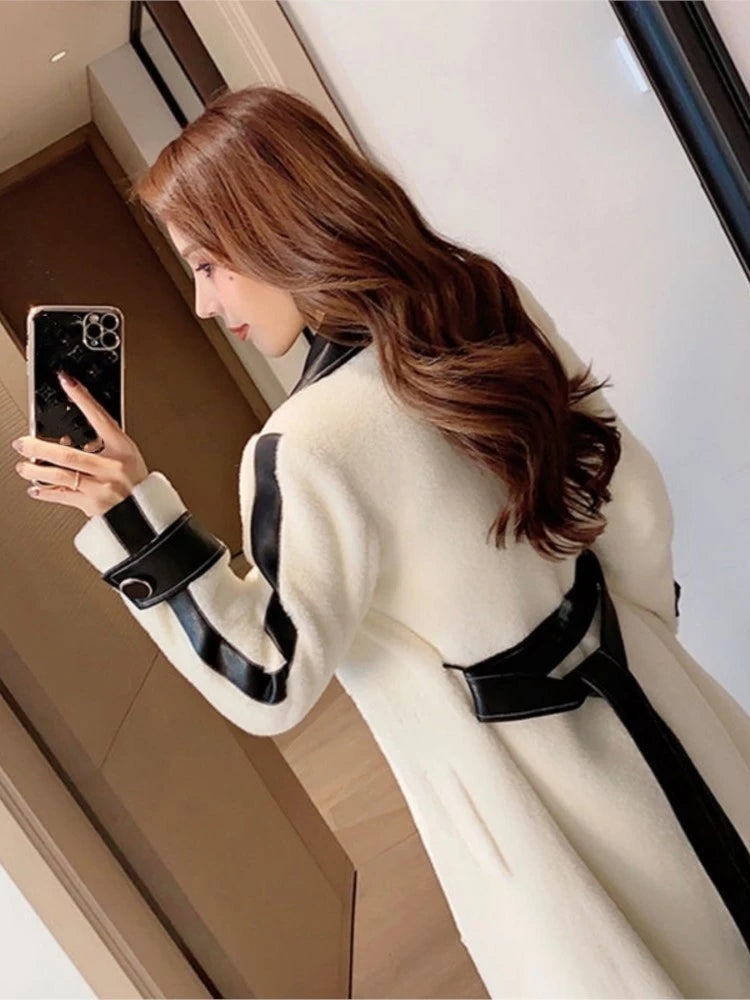 Autumn Winter Woolen Coat Patchwork Long Jackets With Belt Lapel Korean Female Outerwear New Soft Overcoat