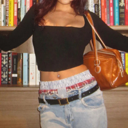 Y2k Fur Long Sleeve Crop Top Black Square Collar Fitted T-shirt 2000s High Street Tee Aesthetic
