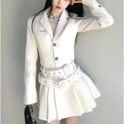 French Highend White Suit Dress Clothing Autumn New Long Sleeve Waist Belted Slimming Aline Pleated Mini Dress