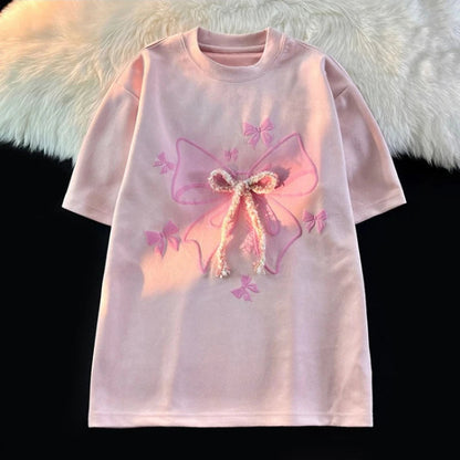 Kawaii Sweet Tshirts Retro Short Sleeve Y2k Blouse Tees Female Design Loose Shirts Japanese Style Summer