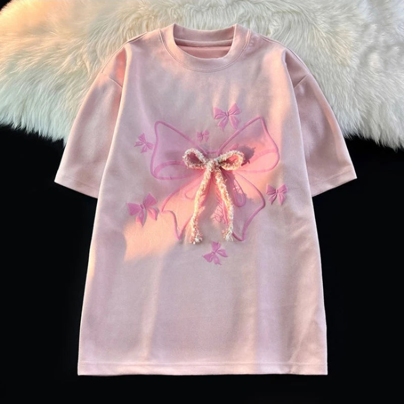 Kawaii Sweet Tshirts Retro Short Sleeve Y2k Blouse Tees Female Design Loose Shirts Japanese Style Summer