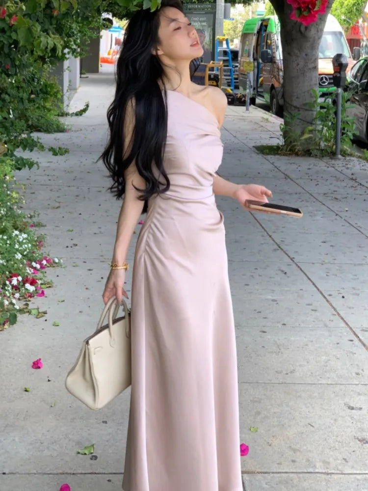 Evening Party Satin Long Dresses for Summer Pink Birthday Robe Slash Sleeveless Slim Female Clothing