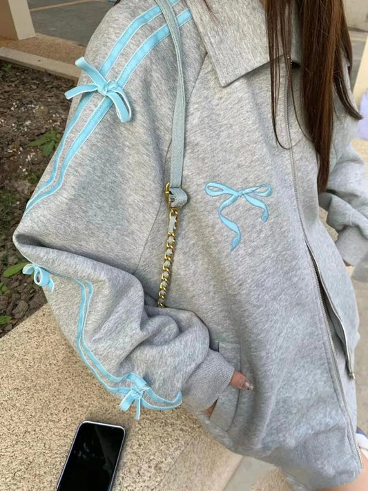 Spring Gray Two Piece Set Outfits Sports Style Plush Loose Zipper Hoodies Coat Aline Short Skirt Set