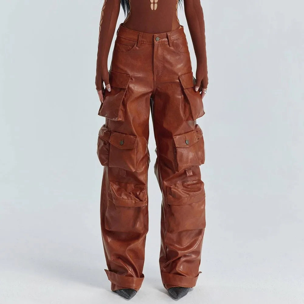 Loose Spliced Pockets Pant for High Waist Patchwoek Zippers Pu Leather Trousers Female Autumn Clothes