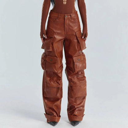 Loose Spliced Pockets Pant for High Waist Patchwoek Zippers Pu Leather Trousers Female Autumn Clothes