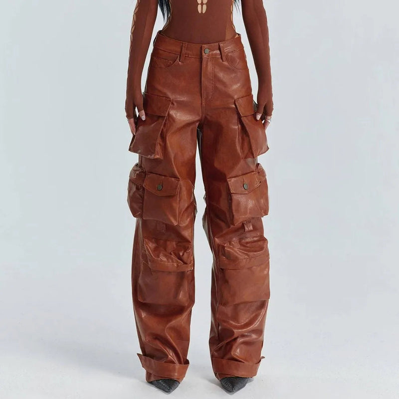 Loose Spliced Pockets Pant for High Waist Patchwoek Zippers Pu Leather Trousers Female Autumn Clothes