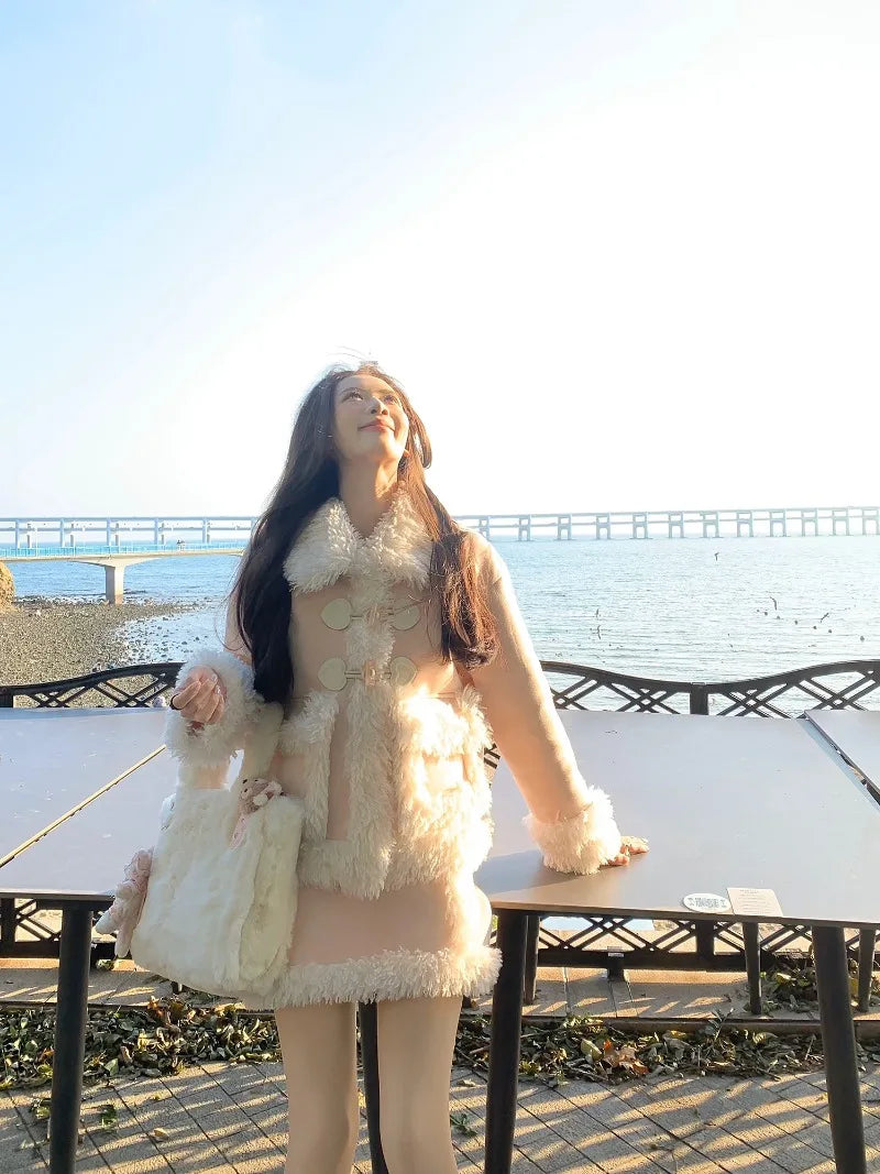 Sweet Hot Girl Suit Autumn/winter Lamb Wool Suede Coat Highwaisted Mini Skirt Twopiece Set Female Clothes