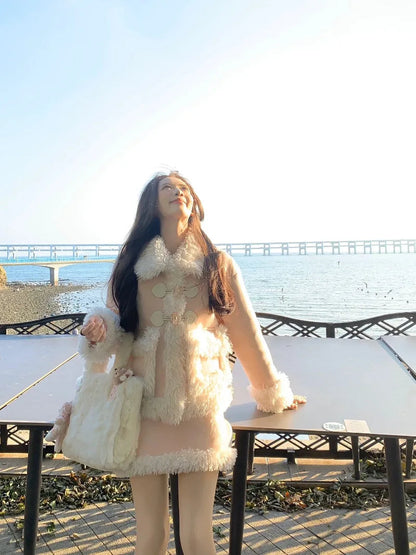 Sweet Hot Girl Suit Autumn/winter Lamb Wool Suede Coat Highwaisted Mini Skirt Twopiece Set Female Clothes