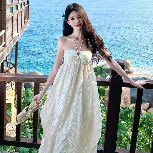 Summer Vestidos Beige Beach Holiday Backless Birthday Party Long Dress Club Halter Bandage Pleated Dress