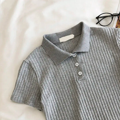 Knit School Polo Neck Cropped Shirt Summer Short Sleeve Youthful Color Crop Top Female Basic Blouse Lady Pullover