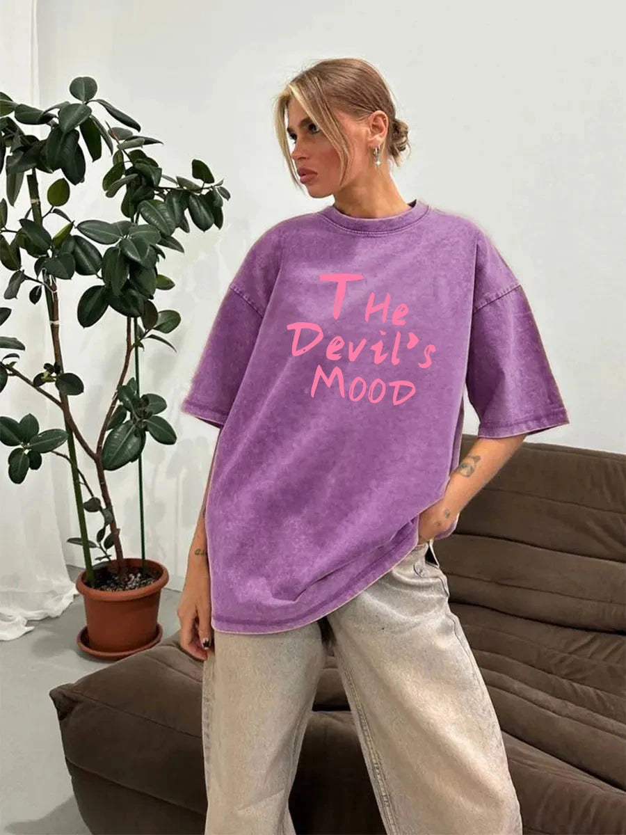 Pink Letter Design Washed T Shirt Cotton T-shirts Soft Mineral Tees Girl Loose Female Tee Tops Y2k