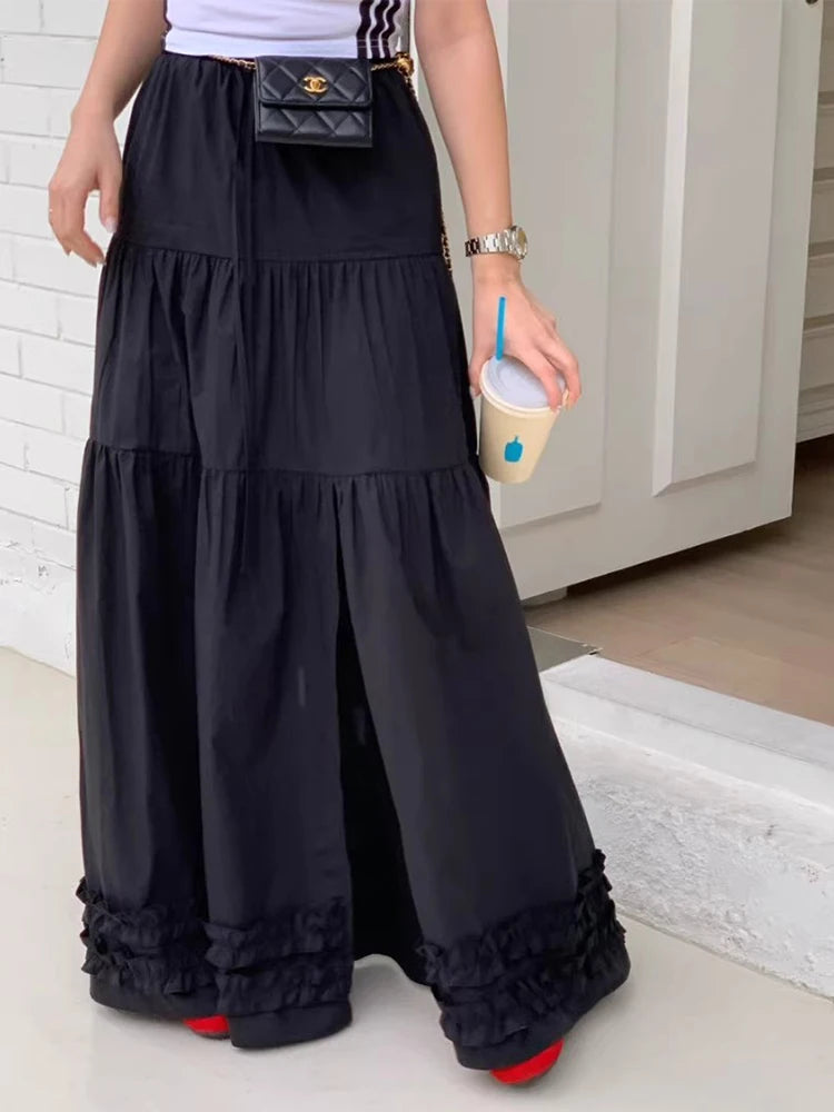 French Style Patchwork Mushroom Edge Split Skirt Summer New Versatile and Personalized Aline Long Skirts