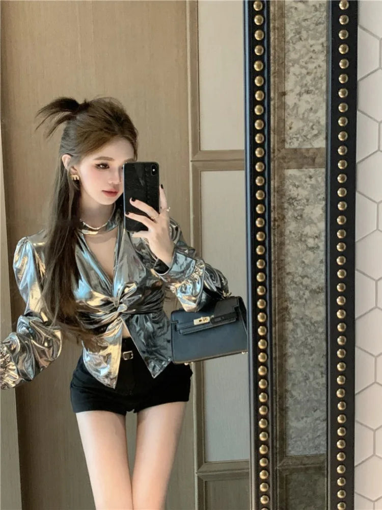 Halter Shiny Blouse Puff Sleeve Vneck Slim Fit Shirts Autumn Winter Design Silver Top