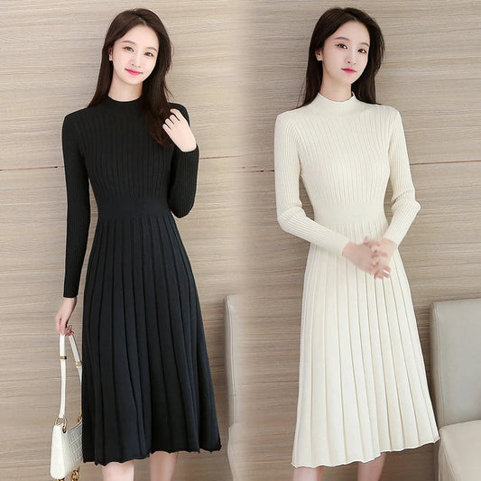Autumn Winter O Neck Thick Maxi Knit Sweater Pullovers Dress Basic Aline Sweater Female Long Party Office Dresses