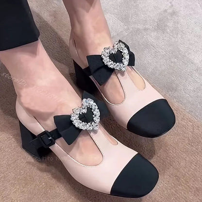 T Straps Mary Janes Shoes Bow With Heart Shape Rhinestone Decor Sweet Girl Summer Pumps Block High Heels Dress Sandals