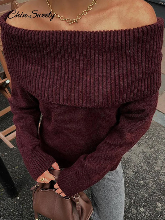 Burgundy Off Shoulder Sweater Knitted Long Sleeve Slim Fit Pullover Top Spring High Street Knitwear