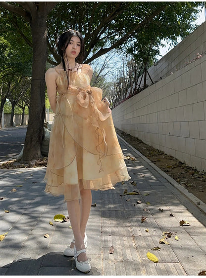 Summer Tie Dye Mesh Midi Dresses Sleeveless Fairy Bow Design Dress Female Irregular Ruffles Backless Dresses