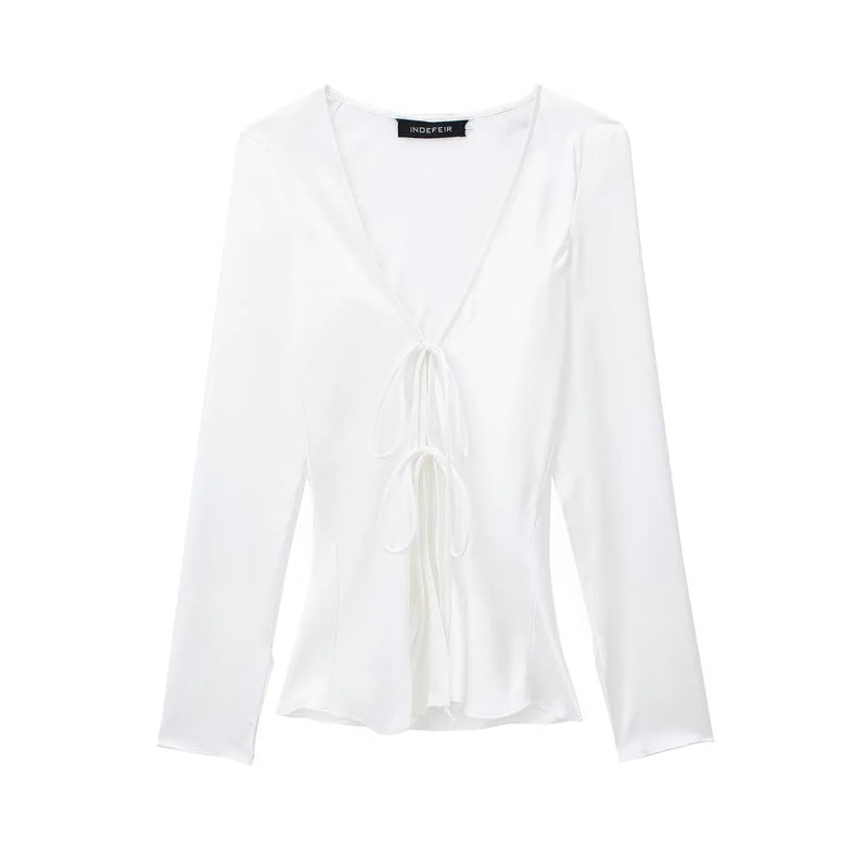 Vneck Lace Up Satin Blouses Long Sleeves Color Shirt Top Female Versatile Tops