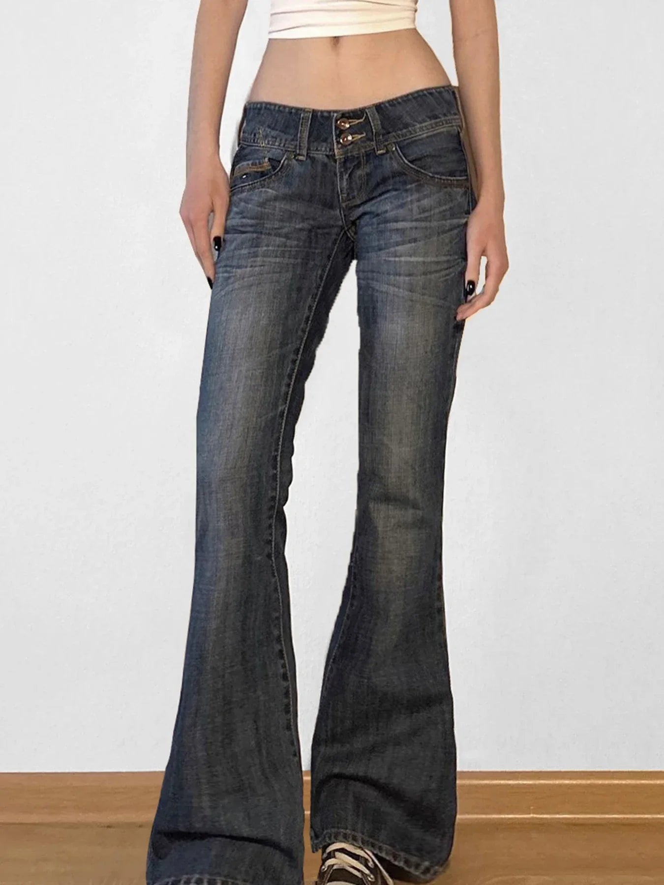 Y2k Flared Jeans Retro Button-up Low Rise Denim Pants Harajuku 2000s Trousers Basic Aesthetic Mom Jeans