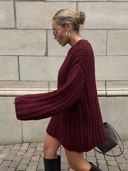 Knitted Mid Long Sweaters Loose O-neck Long Sleeve Dark Red Pullover Sweaters Female Autumn Street Tops