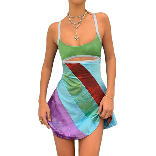 Cut Out Dress Y2k Aesthetic Striped Patchwork Sleevless a Line Mini Dresses 2000s Fairy Grunge Dress