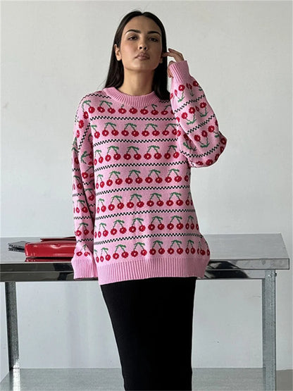 Printed Knit Sweater Pullover for Loose Patchwork Contrast Long Sleeve Top Knitwear ’s Pullover