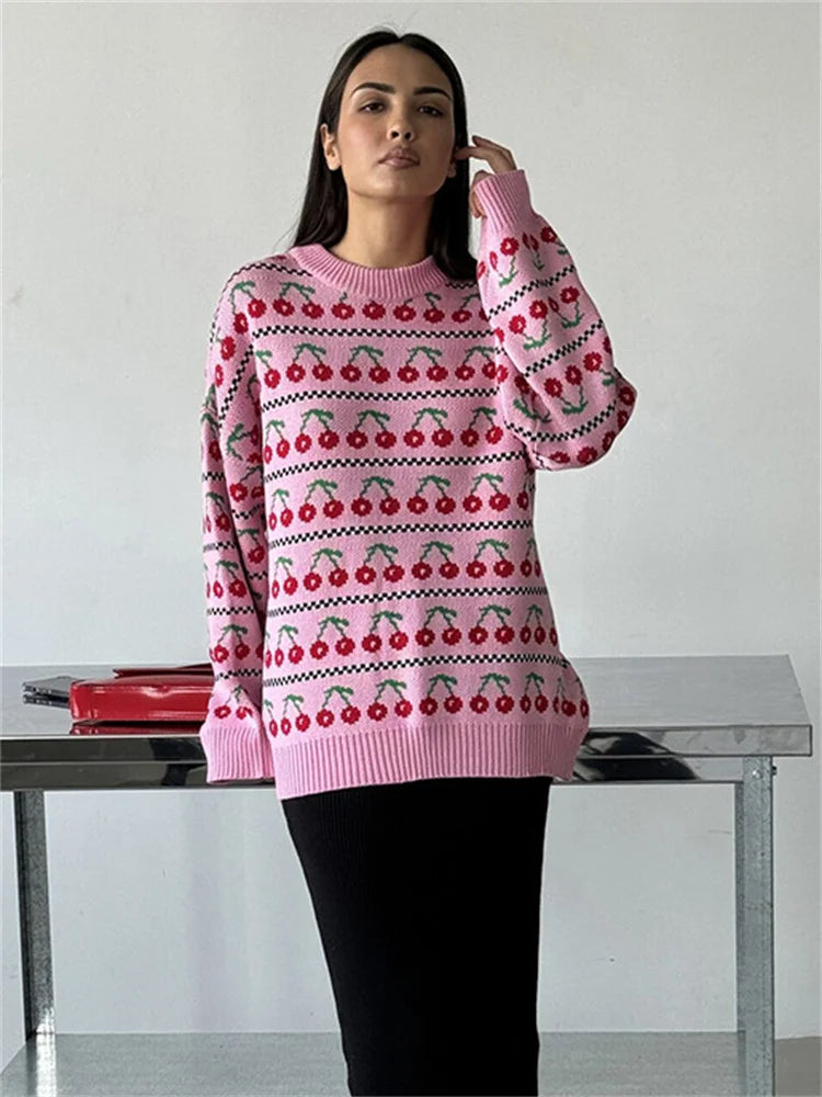 Printed Knit Sweater Pullover for Loose Patchwork Contrast Long Sleeve Top Knitwear ’s Pullover