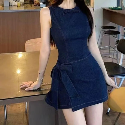 Blue Denim Dresses Sleeveless Bandage Bow Vestidos Para Mujer Korean Mini Dress