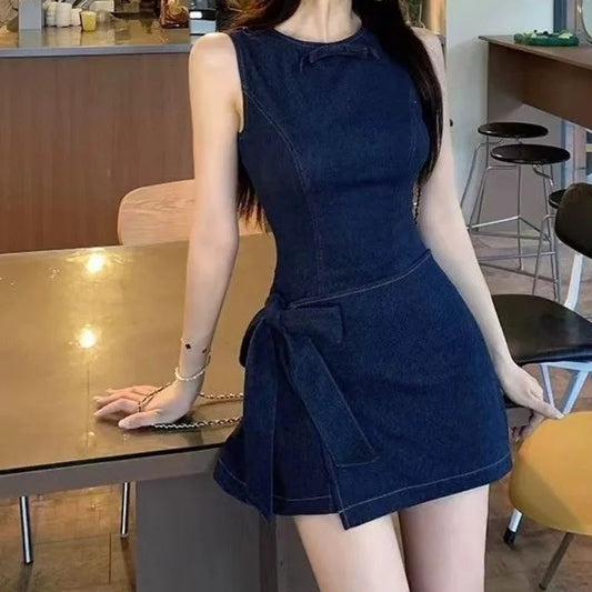 Blue Denim Dresses Sleeveless Bandage Bow Vestidos Para Mujer Korean Mini Dress