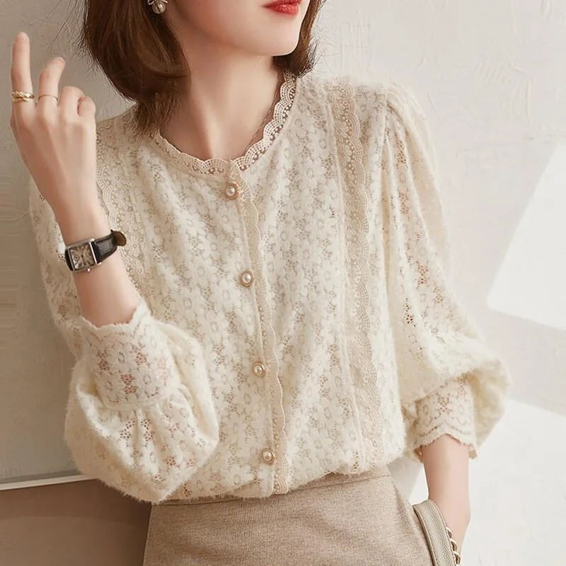 Woman Spring Autumn Style Lace Blouses Tops Lady Long Lantern Sleeve Stand Collar Blusas Tops Sp1529