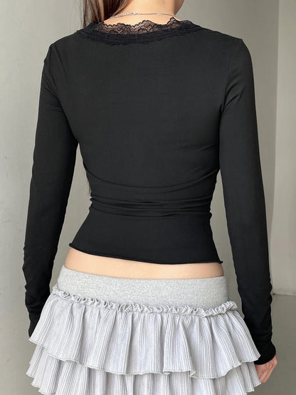 Ruched Lace Trim Square Collar T-shirt Slim Long Sleeve Hotsweet Retro Autumn New Top Tees