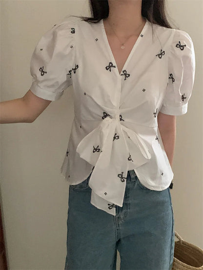 Stylish Vneck Sweet Blouses Summer Florals Half Sleeve Gentle Office Lady Slim Mujer High Street