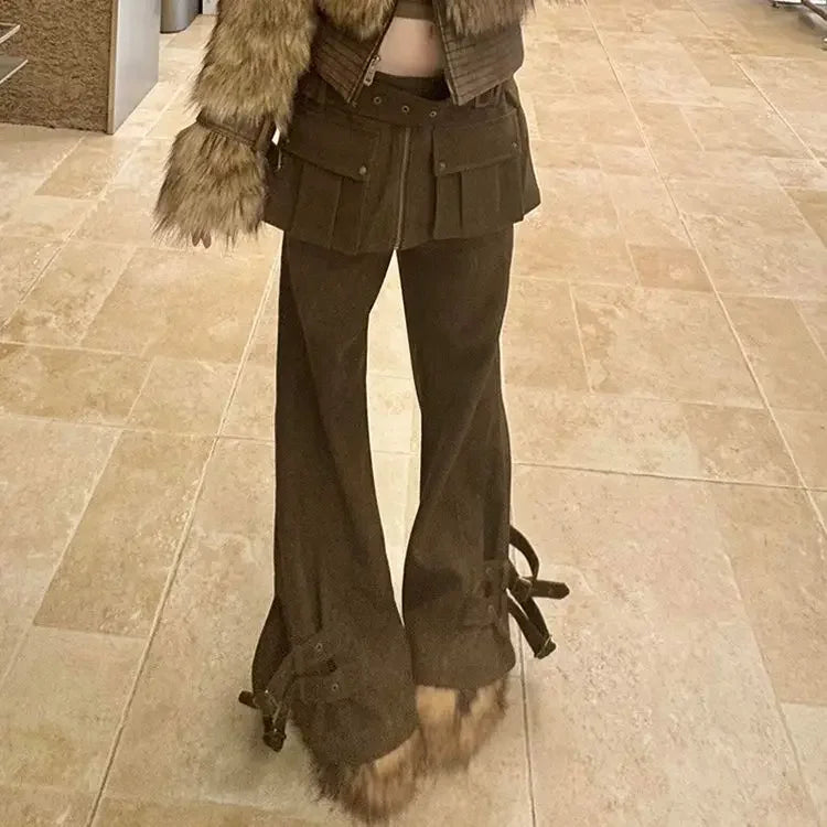 American Retro Oversized Detachable Pants Clothing Autumn and Winter New Spicy Girl Fake Two Piece Spliced Flare Pants