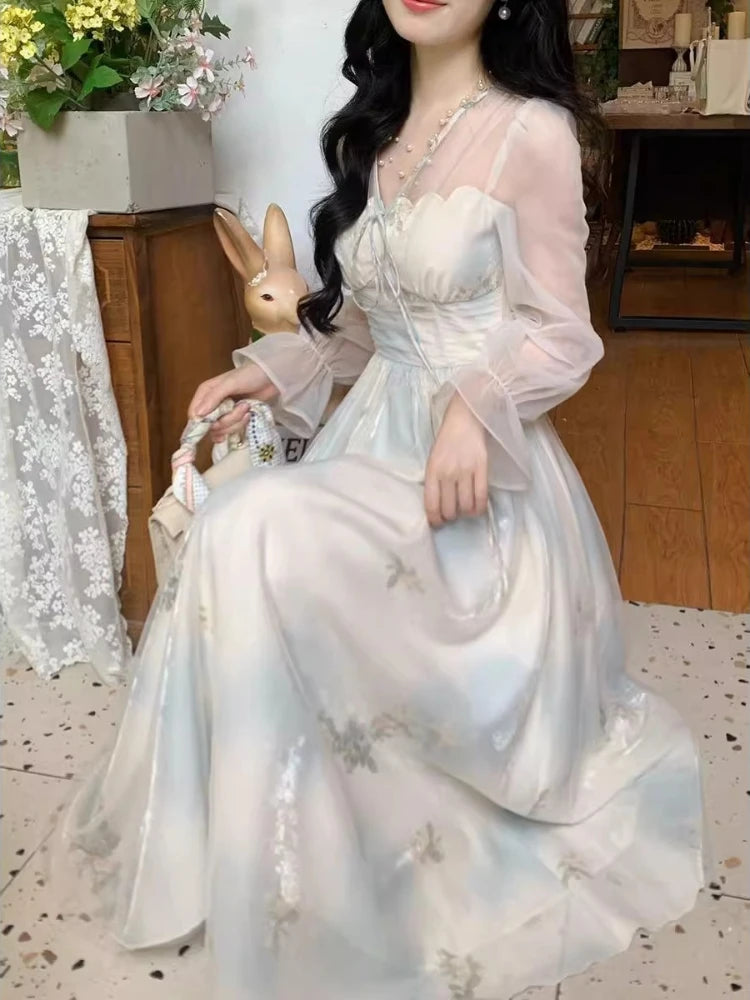 V Neck Long Dress Spring Summer Aline French Style Dresses Sweet Aline Vestidos Mujer