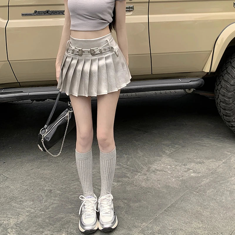 Summer Silver Pleated Skirt Y2k Short Leather Skirt Harajuku Korean Kawaii Aline Mini Skirts