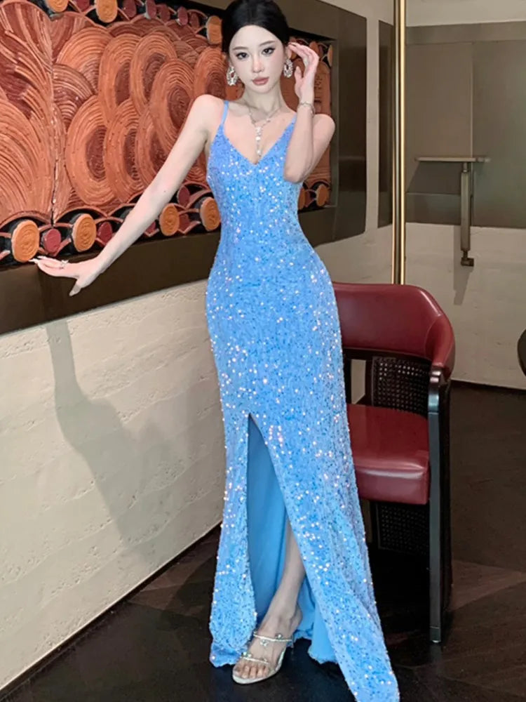 Blue Evening Gown Dresses Slim Backless Vneck Split Maxi Dress Robe Birthday Party Spring Autumn