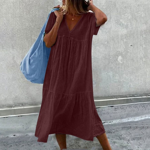 Color Cotton Linen Midi Dresses V-neck Short Sleeves Loose Dress Simple Style Lady Commuting Vestidos