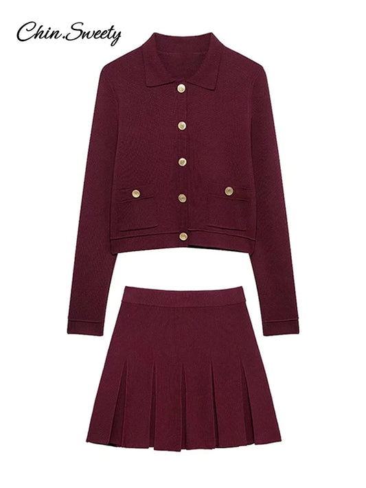_ Skirts 2 Piece Set Burgundy Knitted Lapel Long Sleeve Button Cardigans Pleat High Waist A-line Skirt Lady Outfits