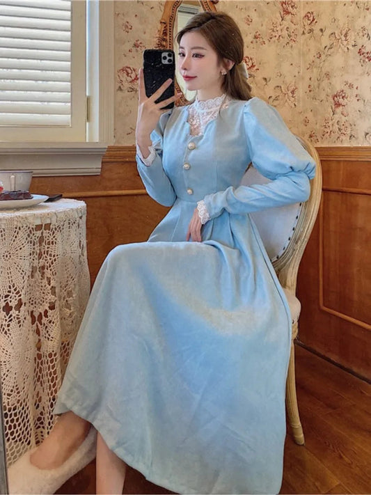 French Autumn Midi Dresses for Puff Sleeve Half High Collar Patchwork Lace Aline Retro Princess Dress Vestidos