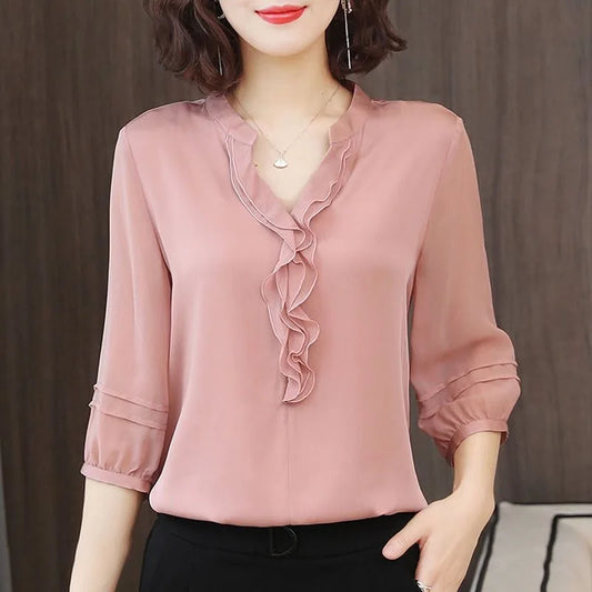 Spring Summer Style Blouses Shirts Lady Three Quarter Sleeve V-neck Ruffles Decor Blusas Tops Df3732