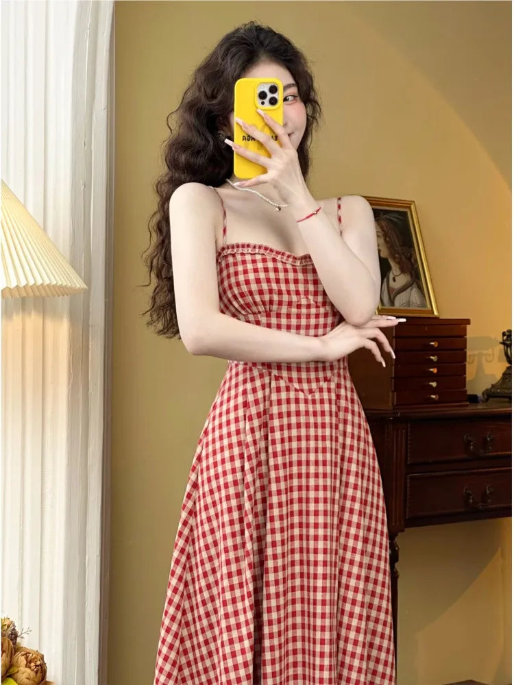 Plaid Midi Dress French Spaghetti Strap Aline Spring Summer Holiday Beach Style Prom Robe Vestidos Mujer