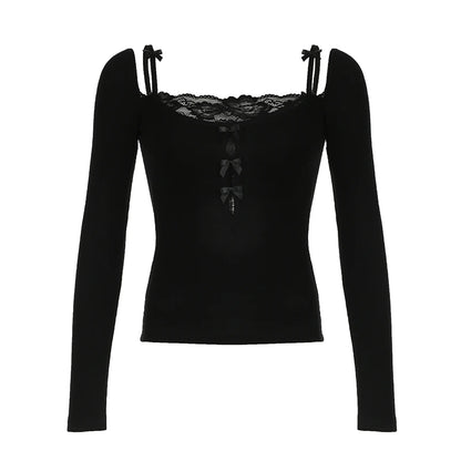 Sweet Lace Trim Fake 2 Piece ��s T-shirts Long Sleeve Autumn Gentle Clothes
