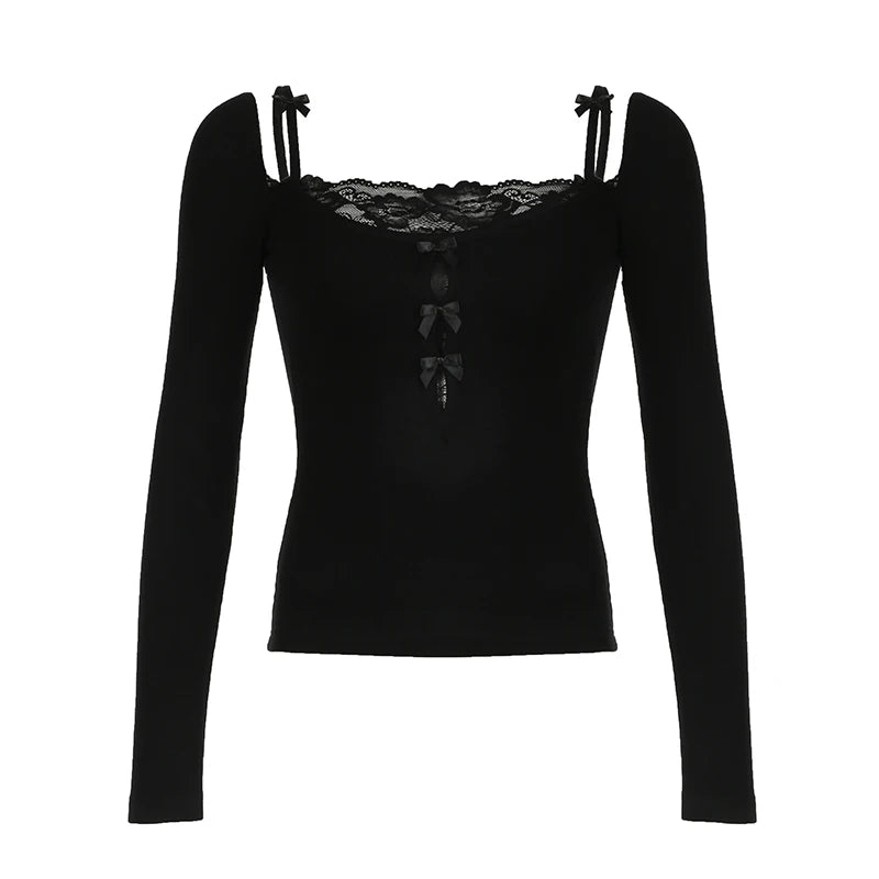 Sweet Lace Trim Fake 2 Piece ��s T-shirts Long Sleeve Autumn Gentle Clothes
